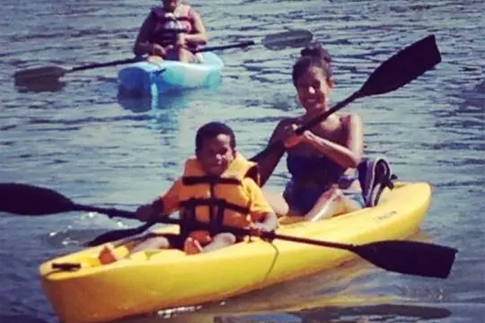 Mother and son kayaking in Virginia Beach